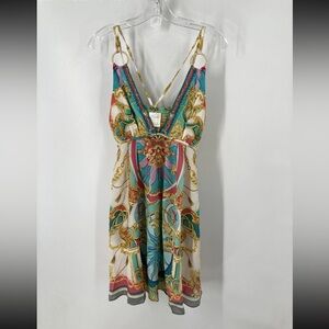 Camilla Teal and Gold Patterned Mini Dress, XS DAMAGED